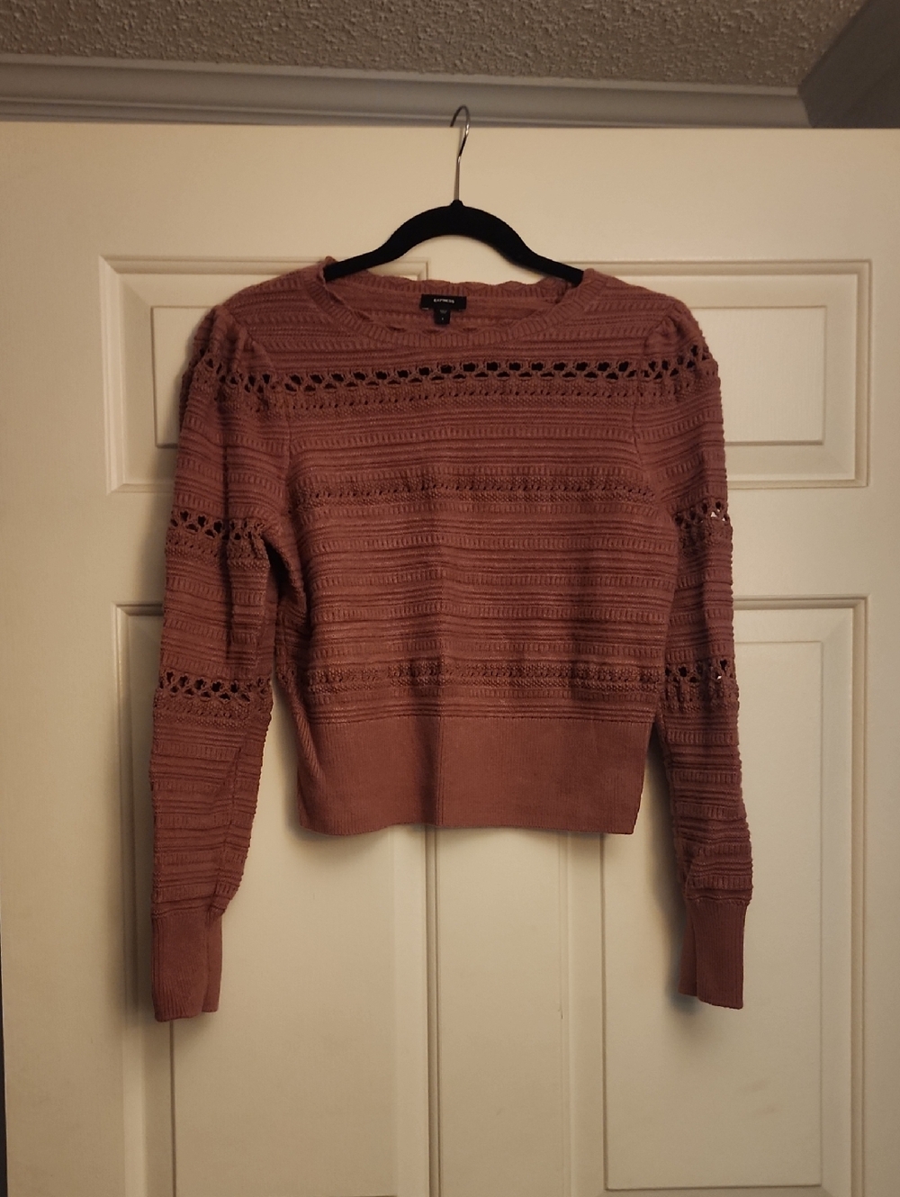 Express Women's Dusty Rose Openwork Crewneck Sweater